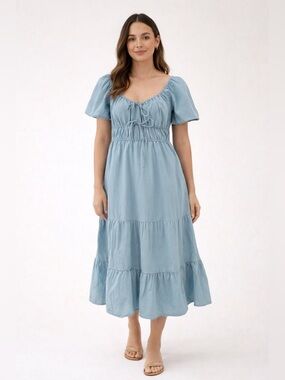A Hint of Blush NWT Blue Smocked Midi Dress Puff Sleeve Cottagecore Size Large